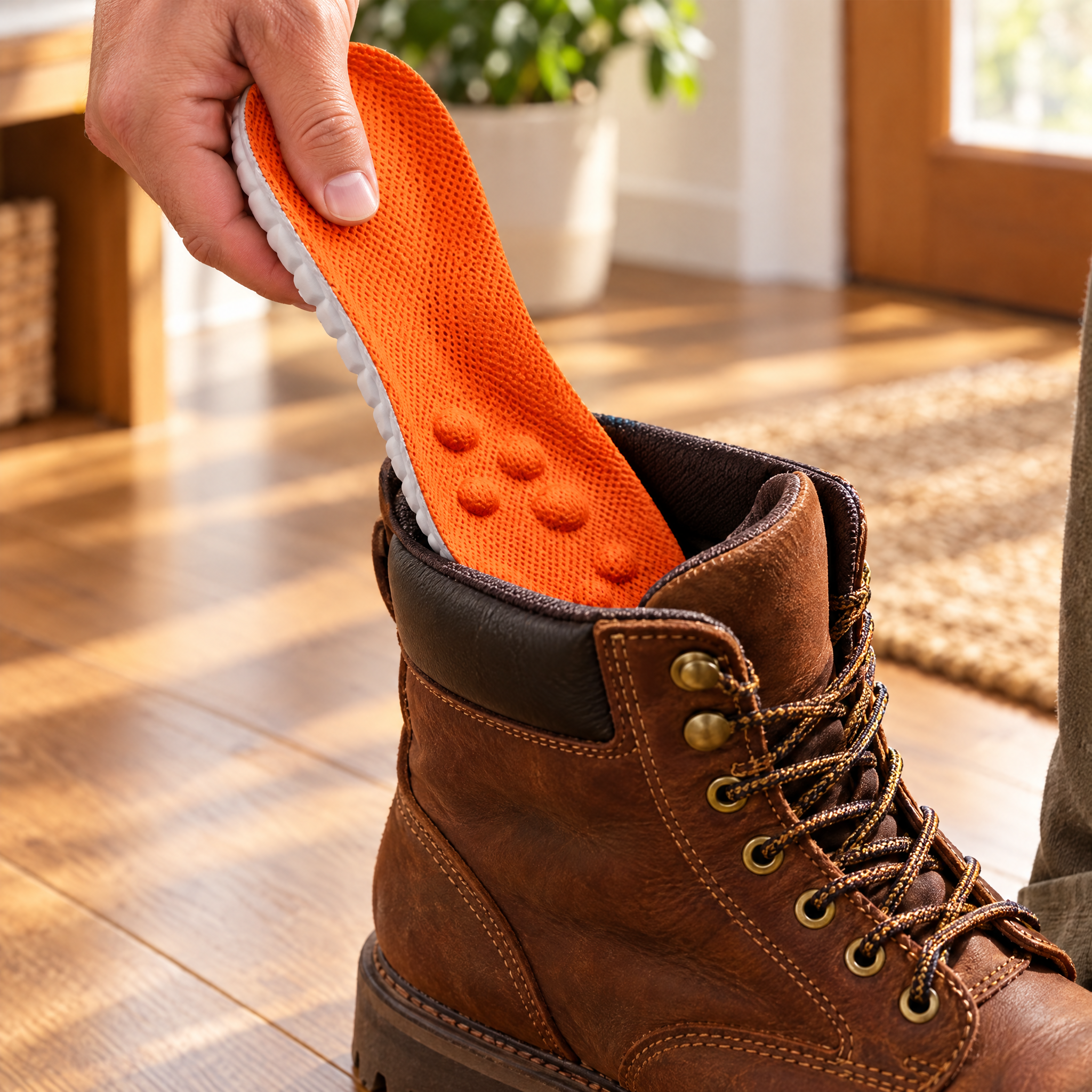Glisser la semelle OrthoSole dans une botte de travail